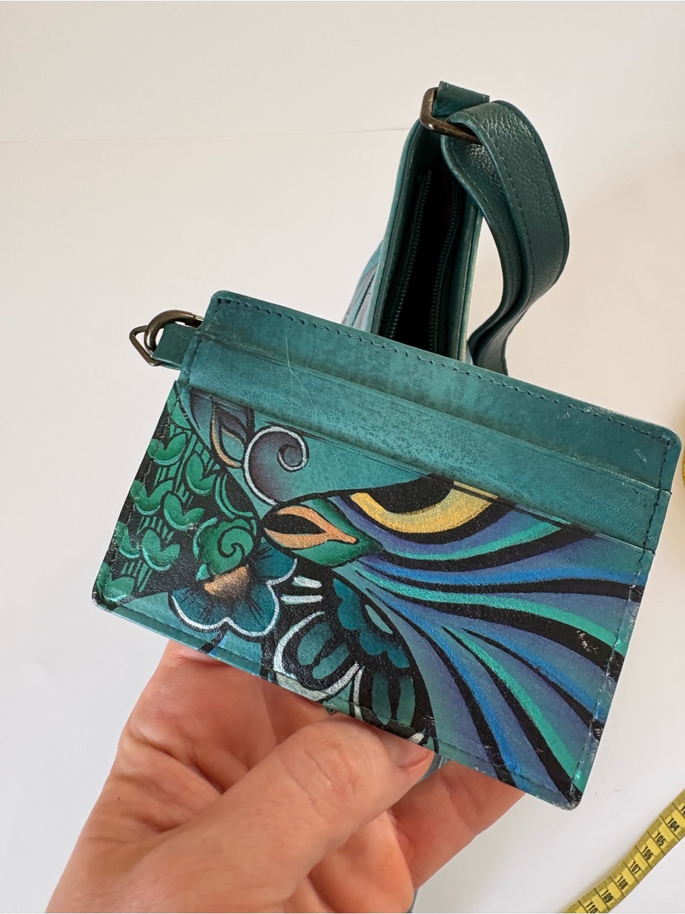 Anuschka Hobo Bag Purse Hand Painted Floral Peacock Leather Green Blue Artsy - Picture 9 of 12